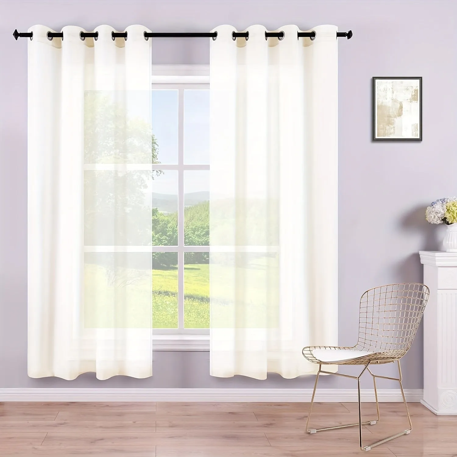 2pc White Semi- Sheer Curtains For Living Room, Bedroom, And Kitchen Soft Voile Tulle Window Curtain With Grommet Top For Living Room Office Home Decor