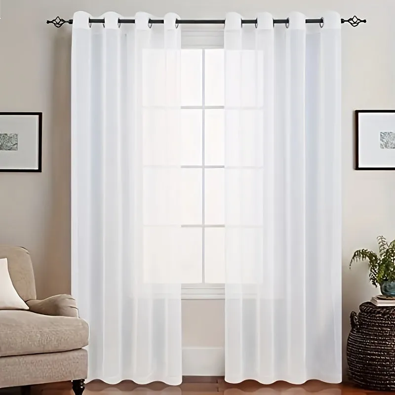 2pc White Semi- Sheer Curtains For Living Room, Bedroom, And Kitchen Soft Voile Tulle Window Curtain With Grommet Top For Living Room Office Home Decor