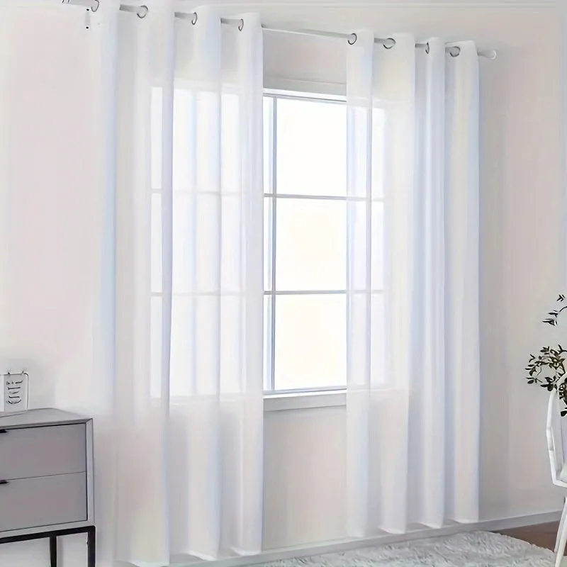 2pc White Semi- Sheer Curtains For Living Room, Bedroom, And Kitchen Soft Voile Tulle Window Curtain With Grommet Top For Living Room Office Home Decor