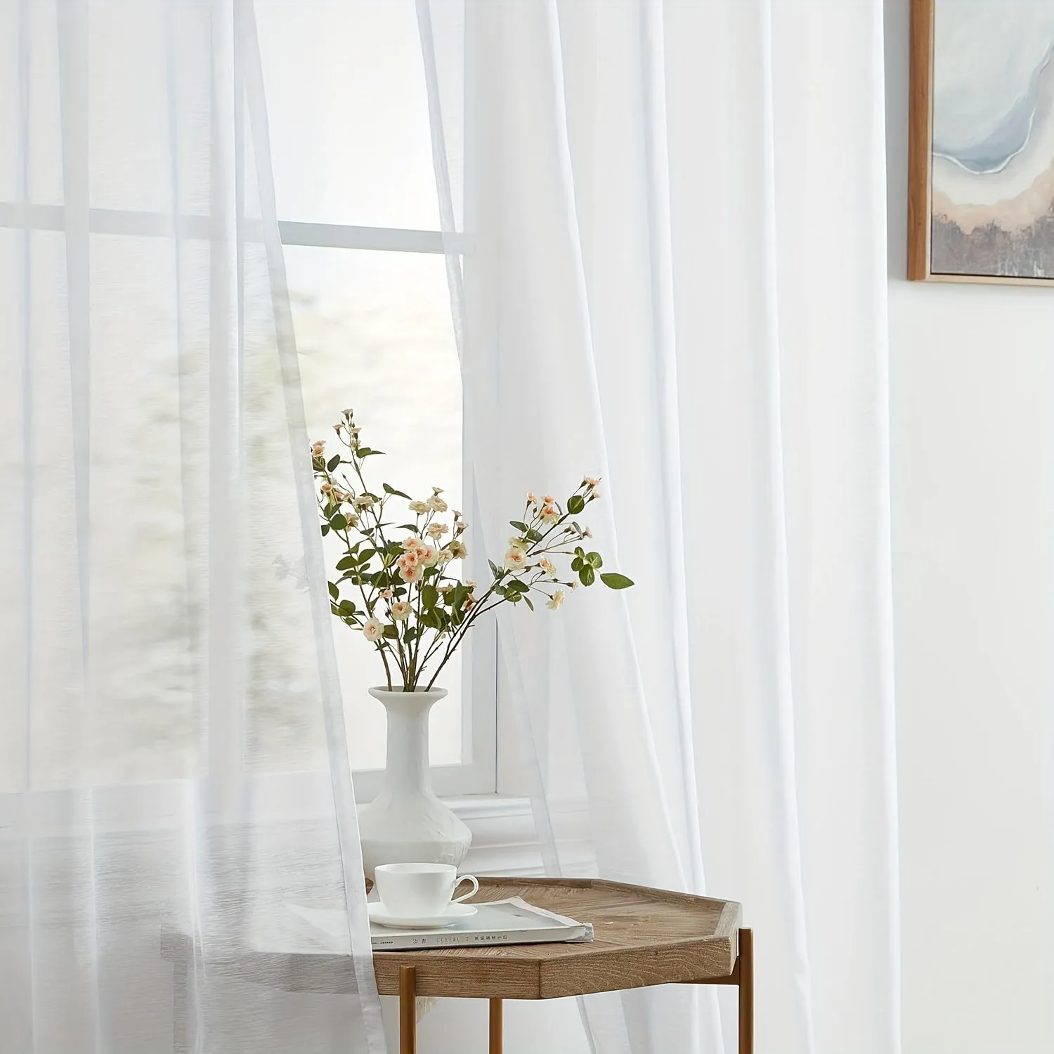 2pc White Semi- Sheer Curtains For Living Room, Bedroom, And Kitchen Soft Voile Tulle Window Curtain With Grommet Top For Living Room Office Home Decor