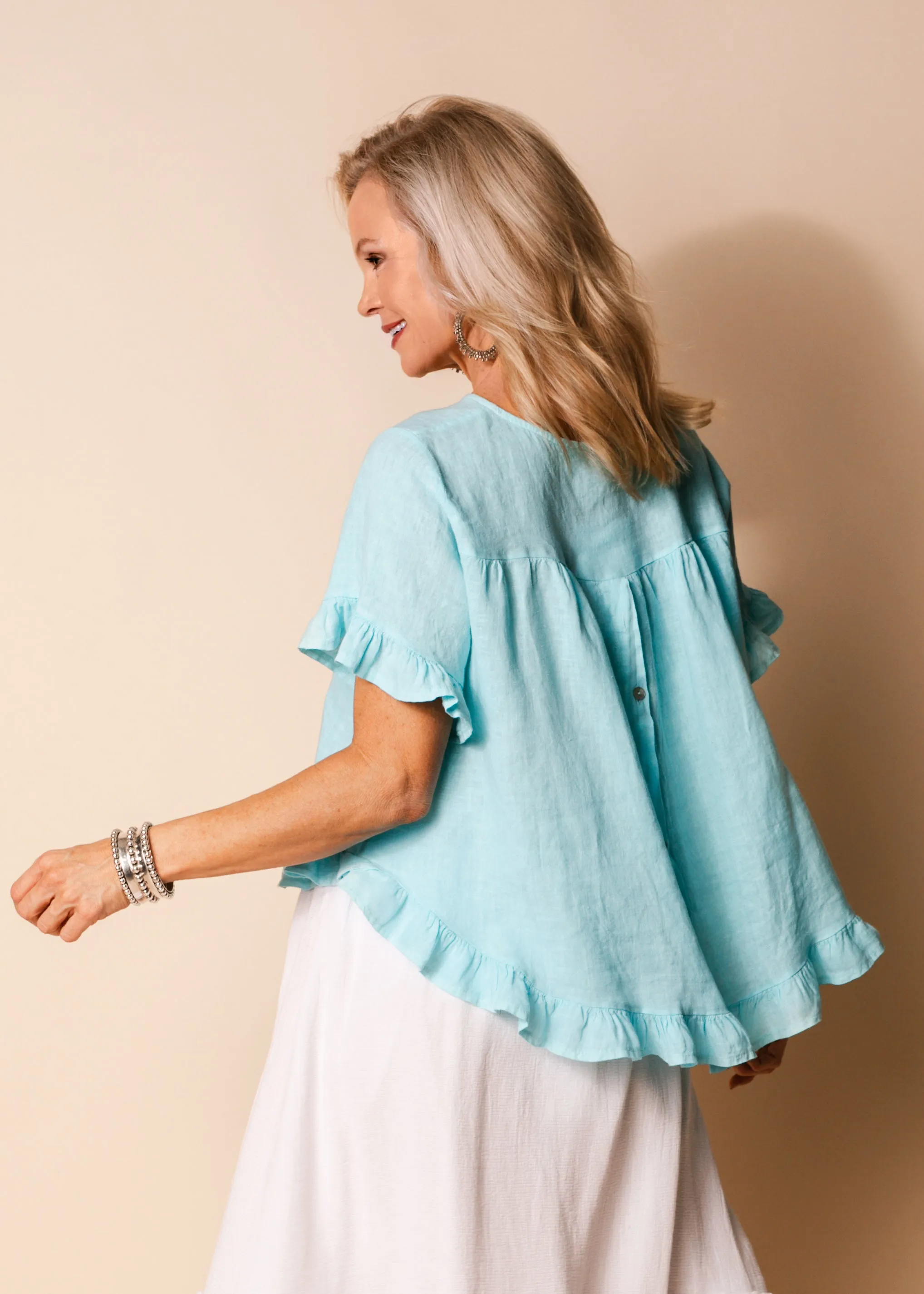 Alessia Linen Top in Aqua Mist