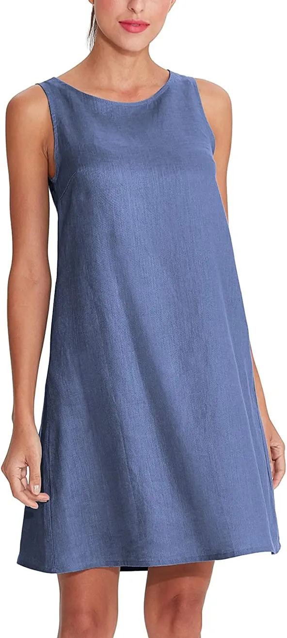 Amazhiyu Women's Linen Sleeveless Shift Dress with Pockets