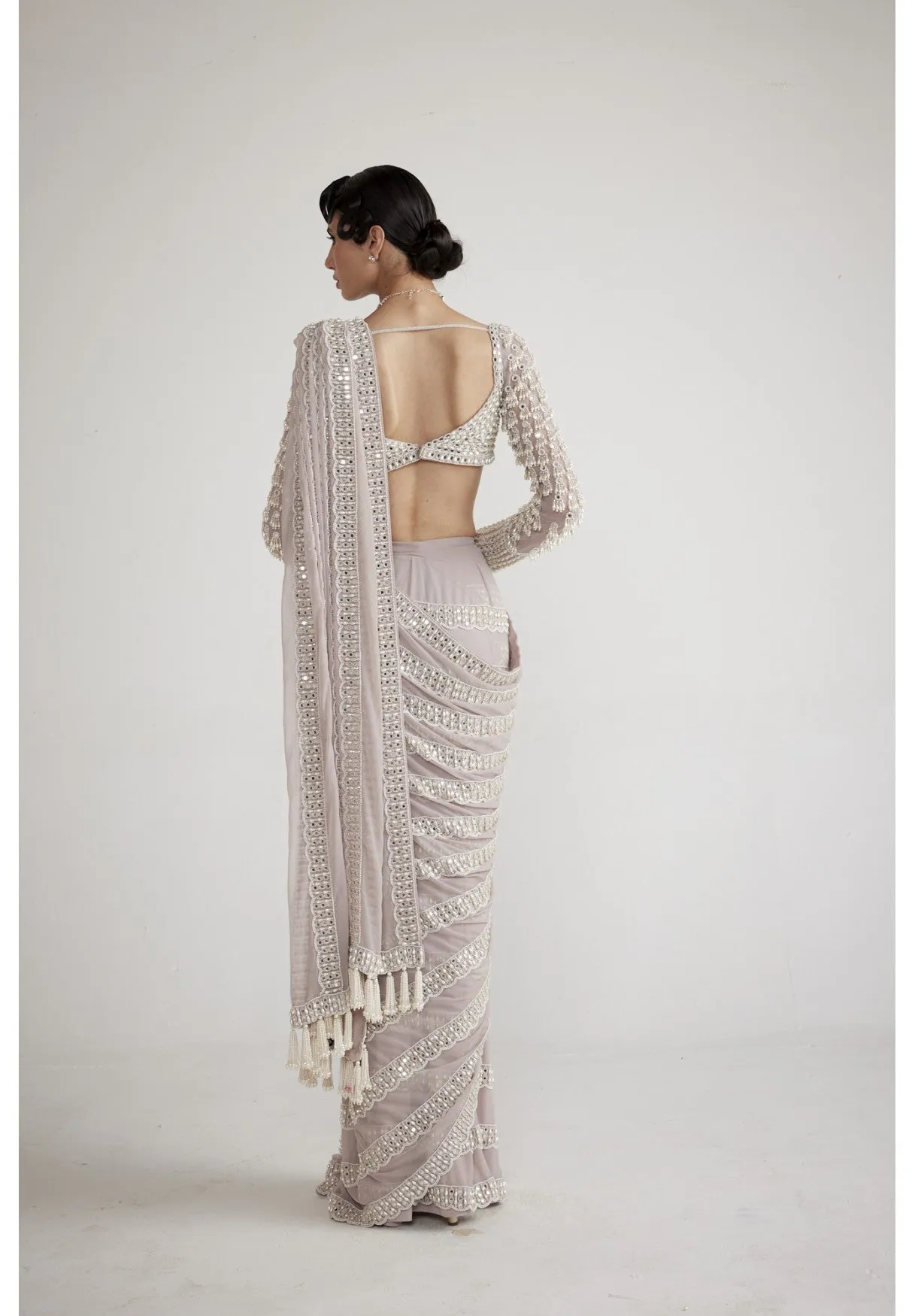 Ash Pink Chandelier Pearl Drop Saree Set