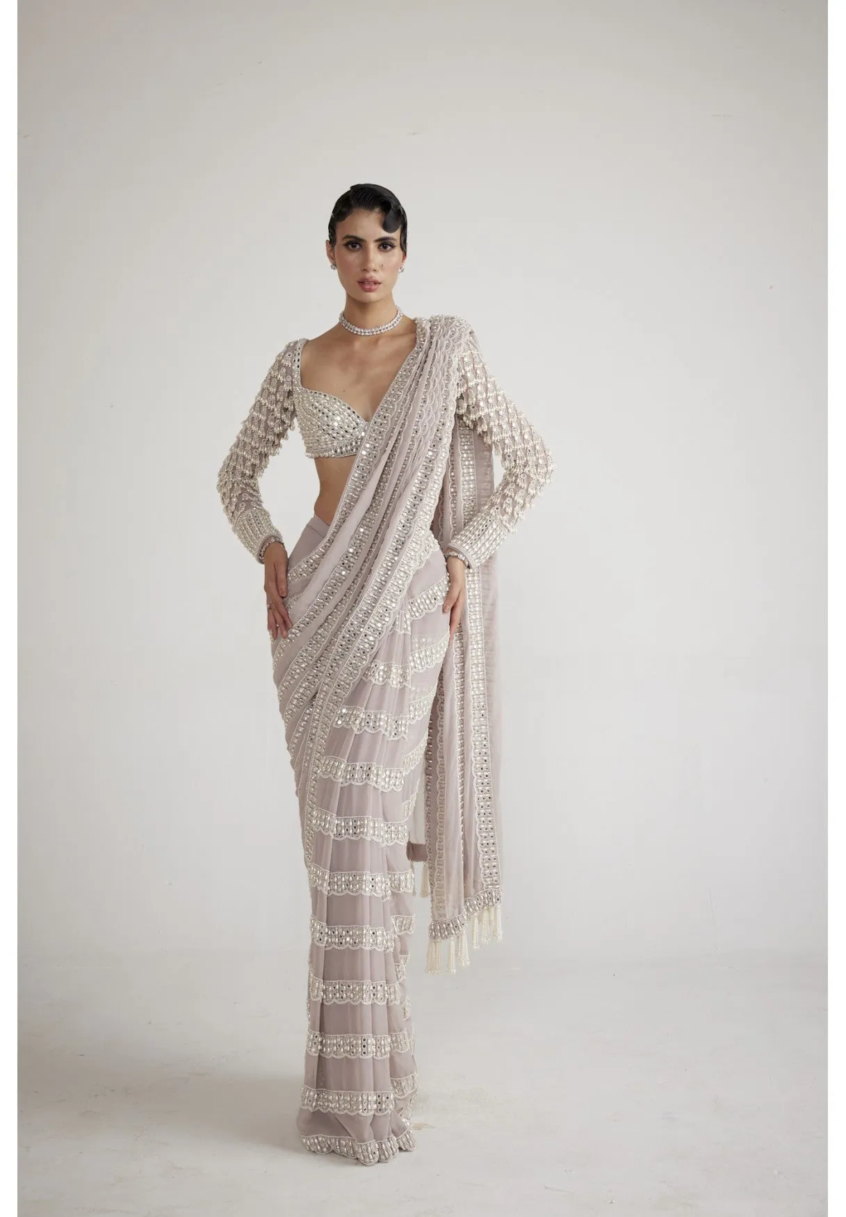 Ash Pink Chandelier Pearl Drop Saree Set