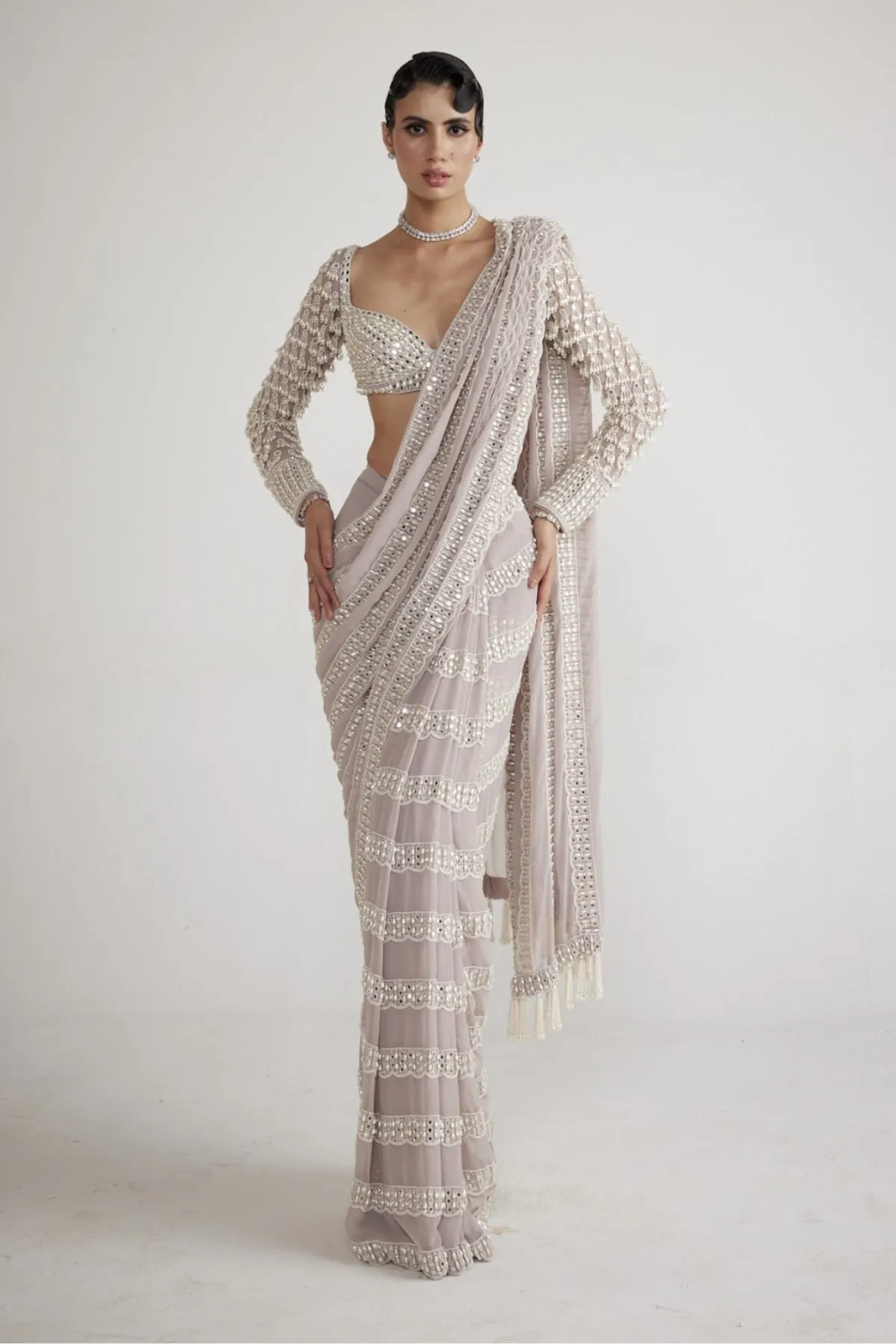 Ash Pink Chandelier Pearl Drop Saree Set