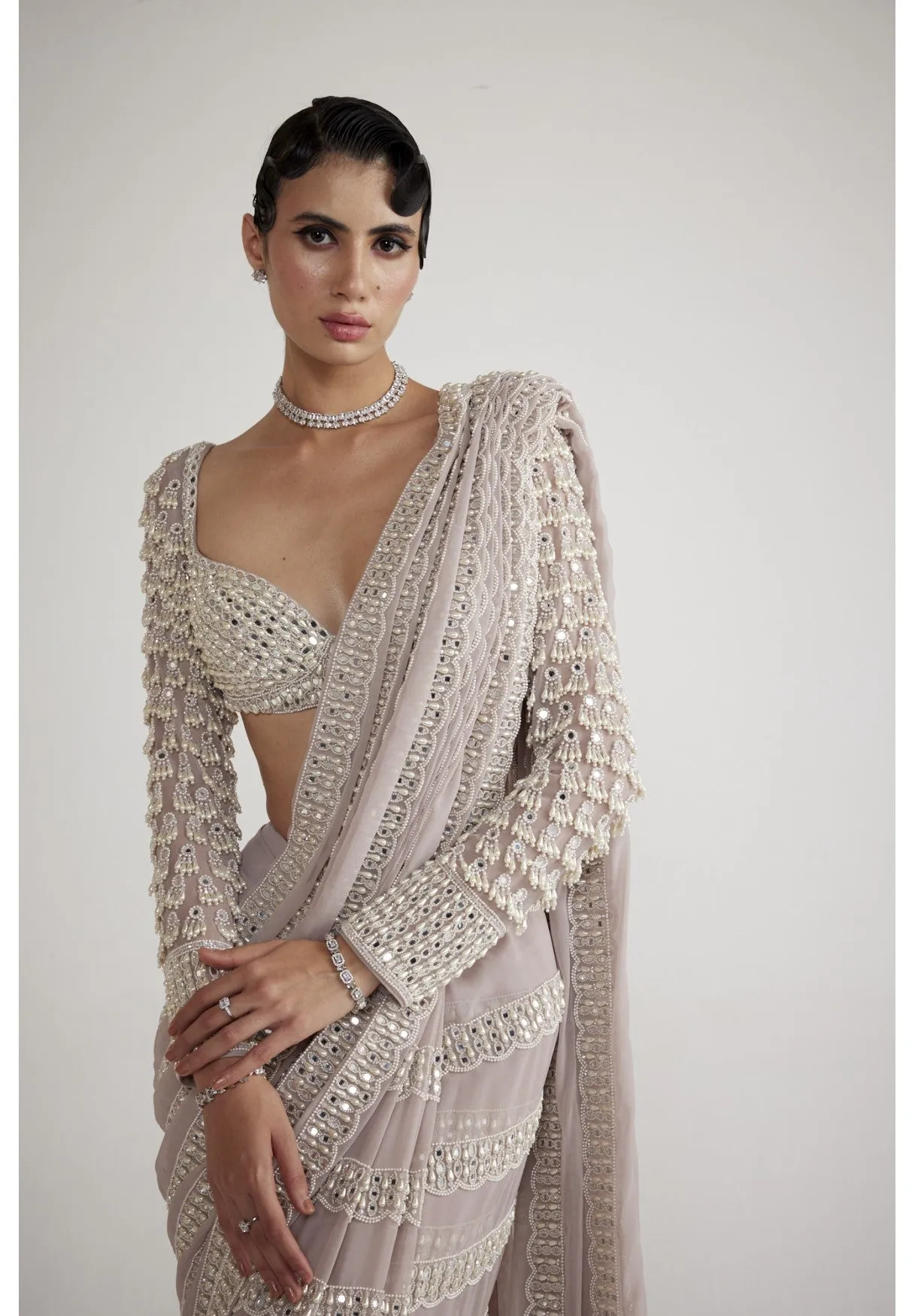 Ash Pink Chandelier Pearl Drop Saree Set