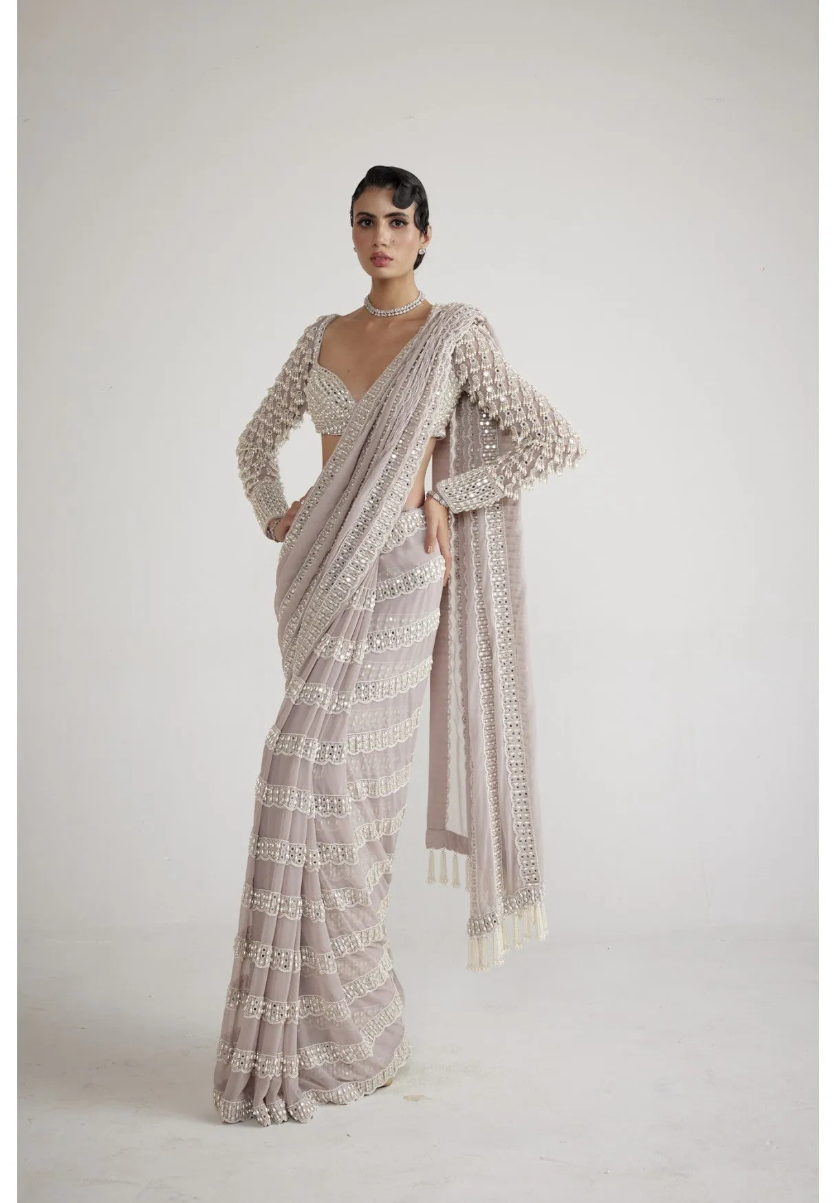Ash Pink Chandelier Pearl Drop Saree Set