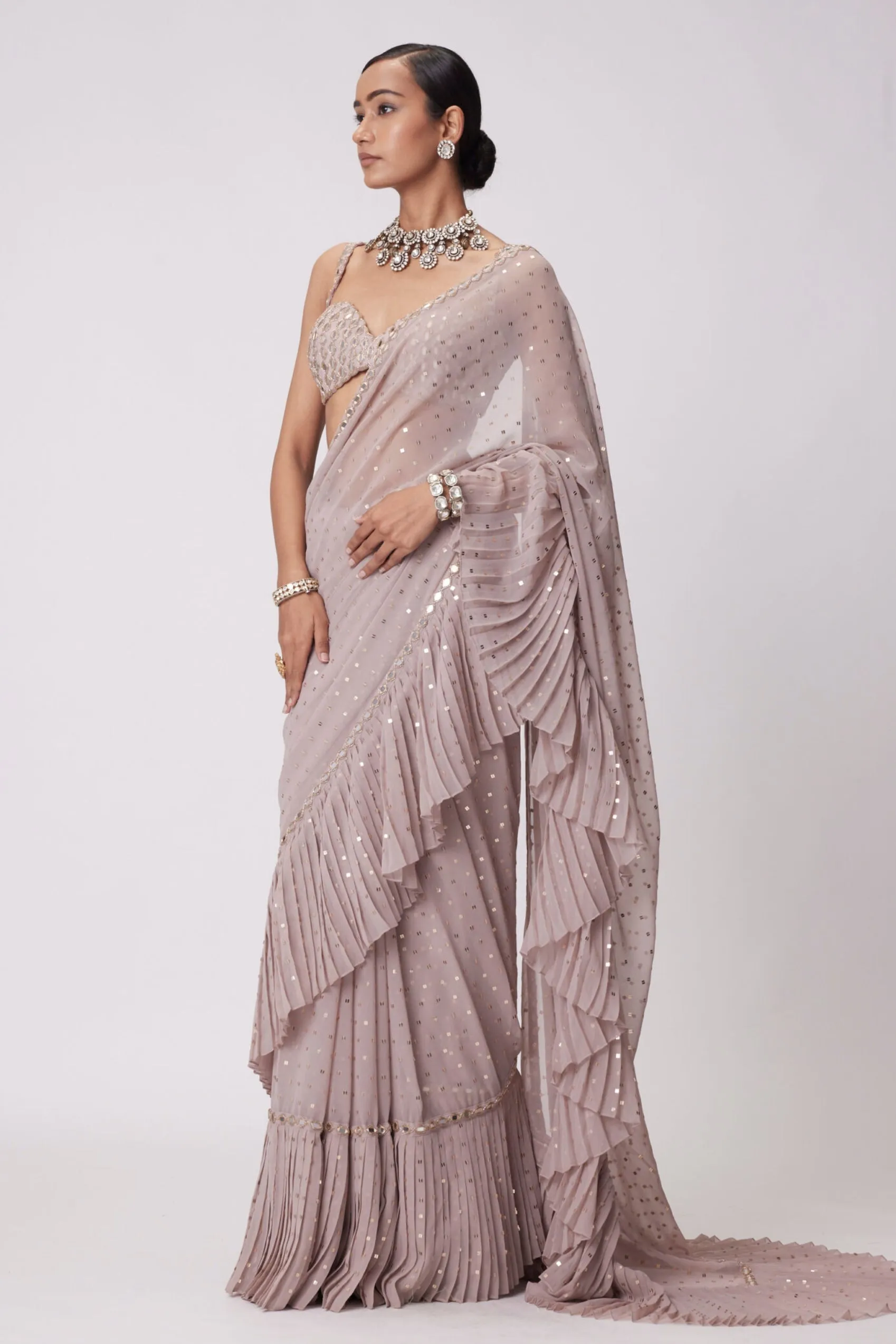Ash Pink Frill Saree Set