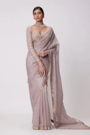Ash Pink Hand Embroidered Organza Saree Set