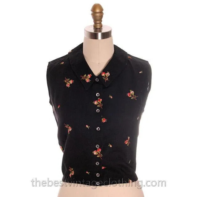 Beautiful Vintage Linen Sleeveless Blouse Black w/ Pink Roses Embroidery 1950s Small