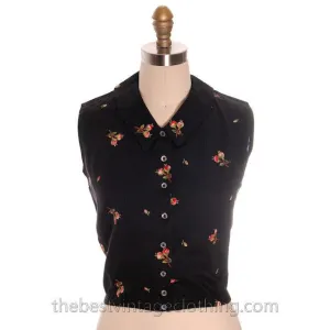 Beautiful Vintage Linen Sleeveless Blouse Black w/ Pink Roses Embroidery 1950s Small