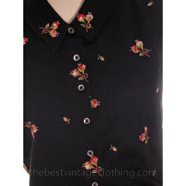 Beautiful Vintage Linen Sleeveless Blouse Black w/ Pink Roses Embroidery 1950s Small