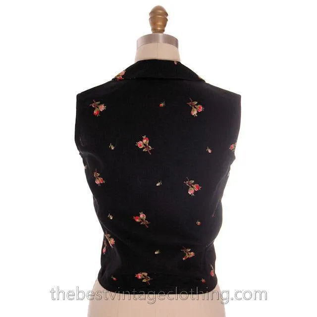 Beautiful Vintage Linen Sleeveless Blouse Black w/ Pink Roses Embroidery 1950s Small