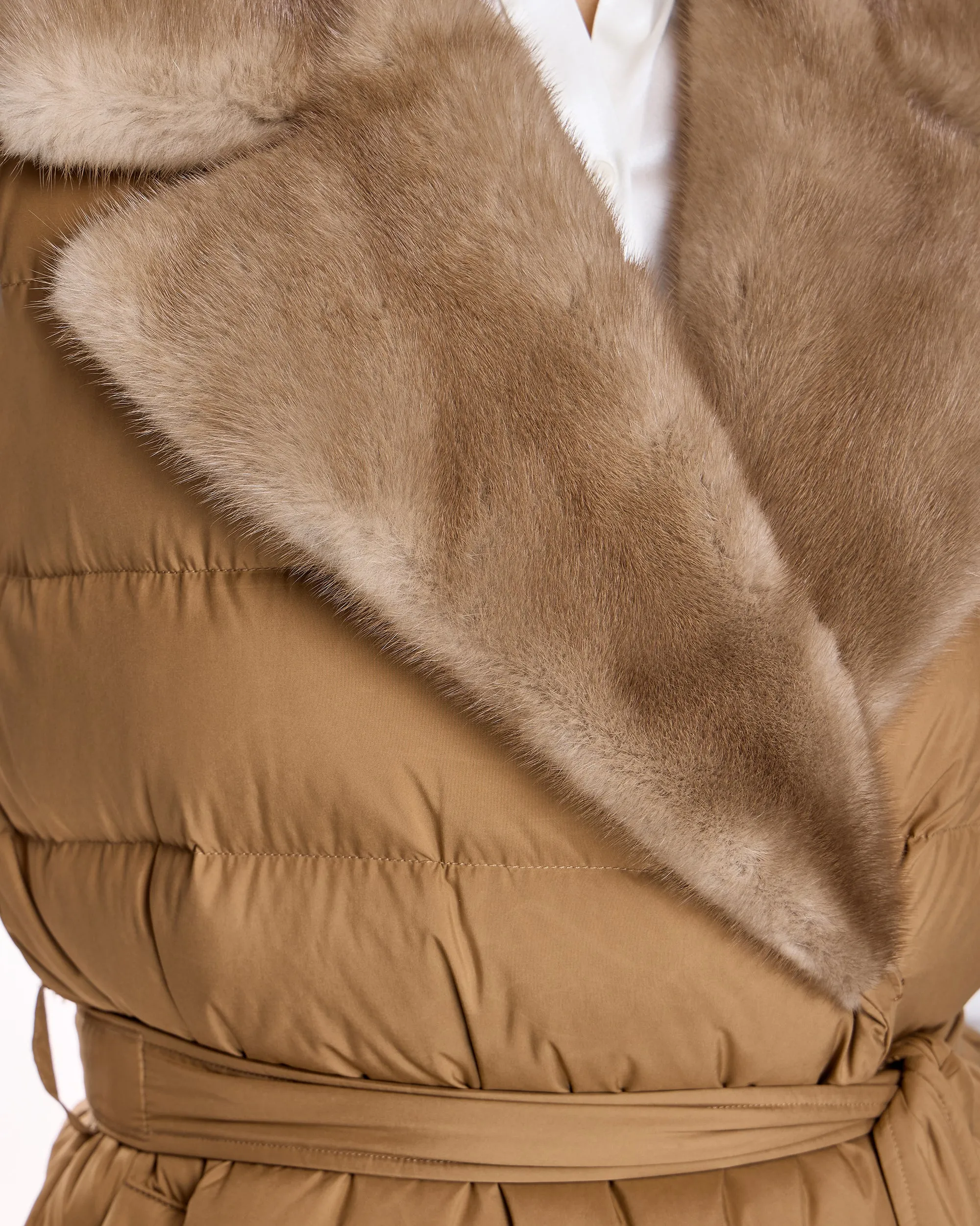 Belted Polyester Vest with Natural Mink Collar