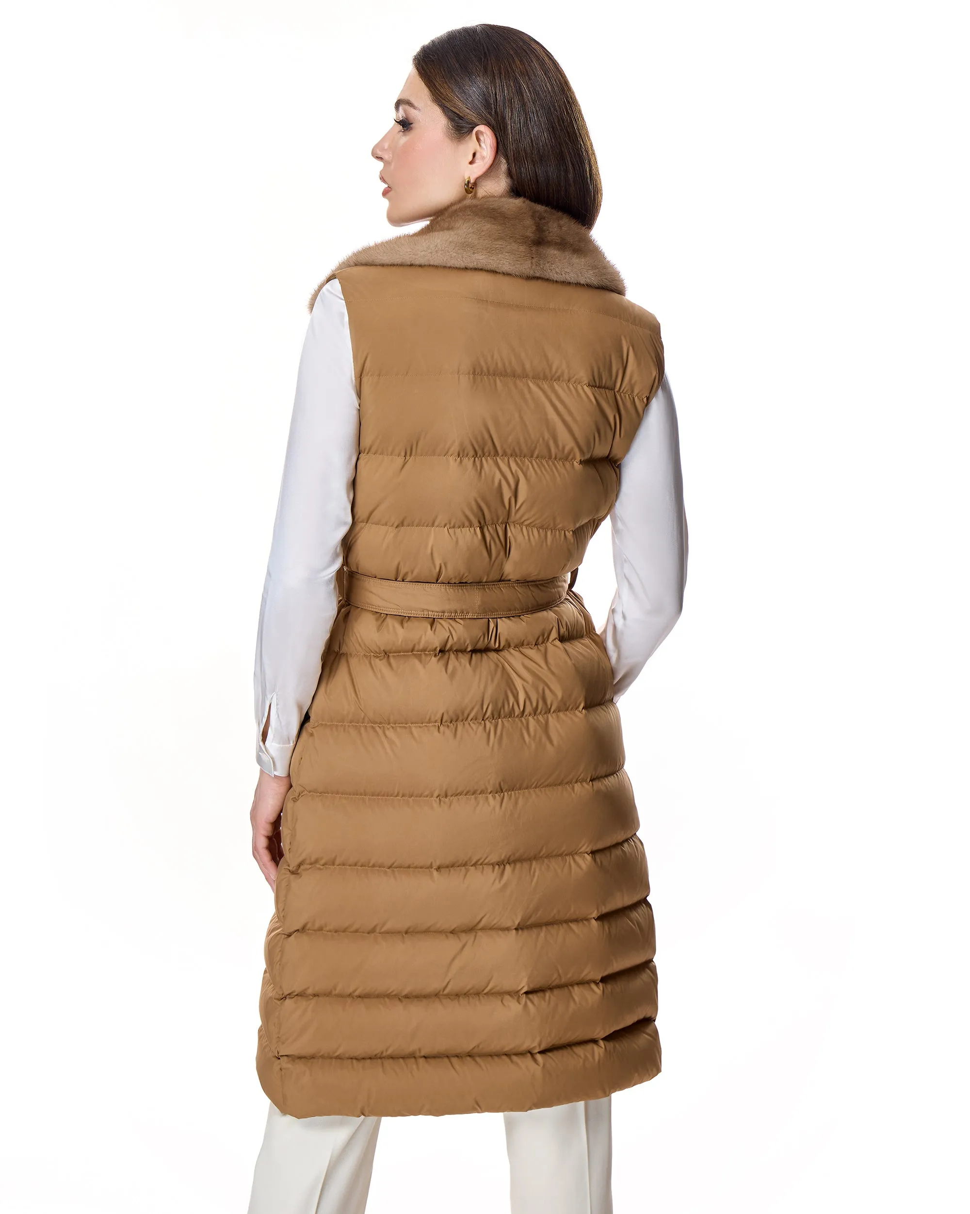 Belted Polyester Vest with Natural Mink Collar