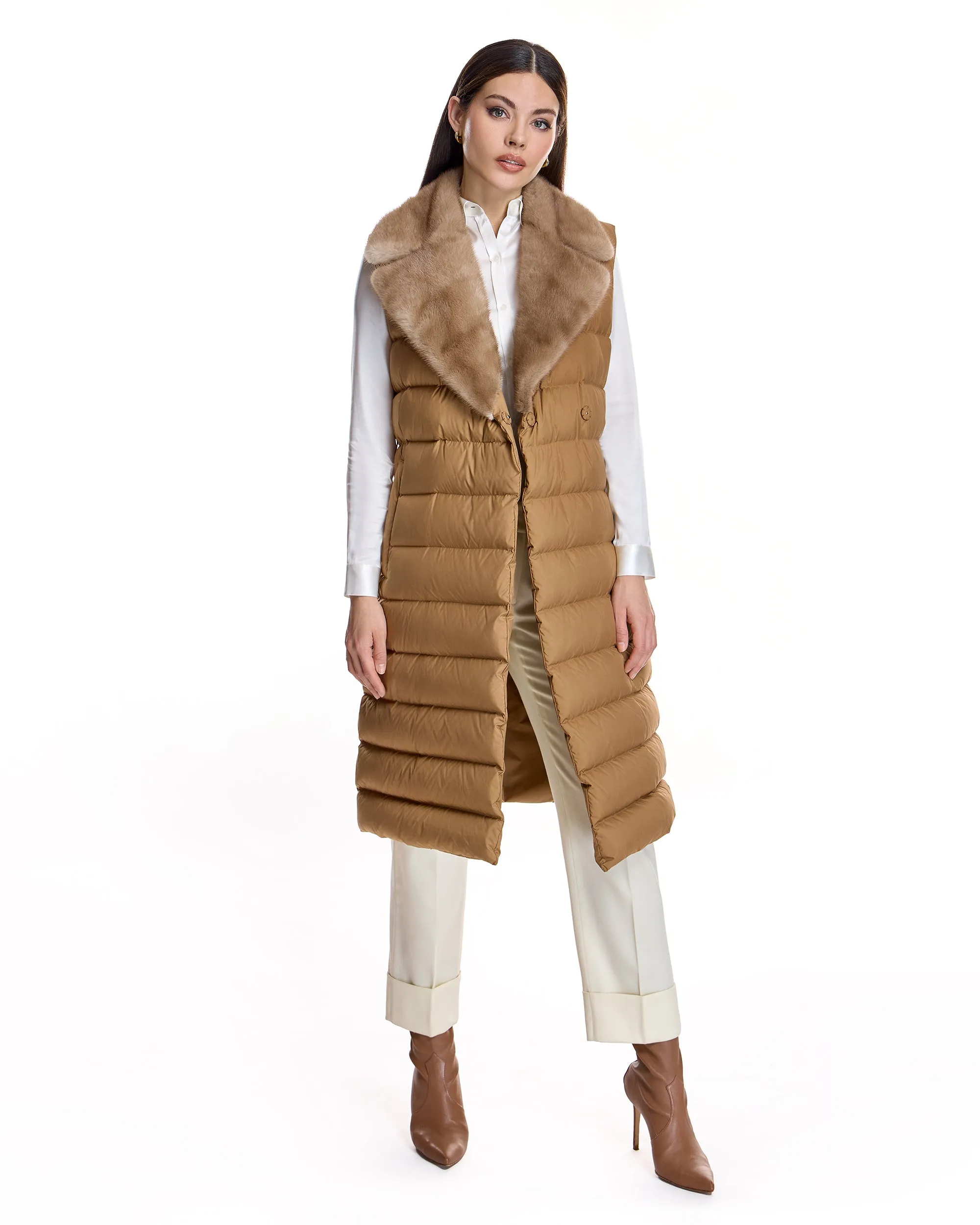 Belted Polyester Vest with Natural Mink Collar