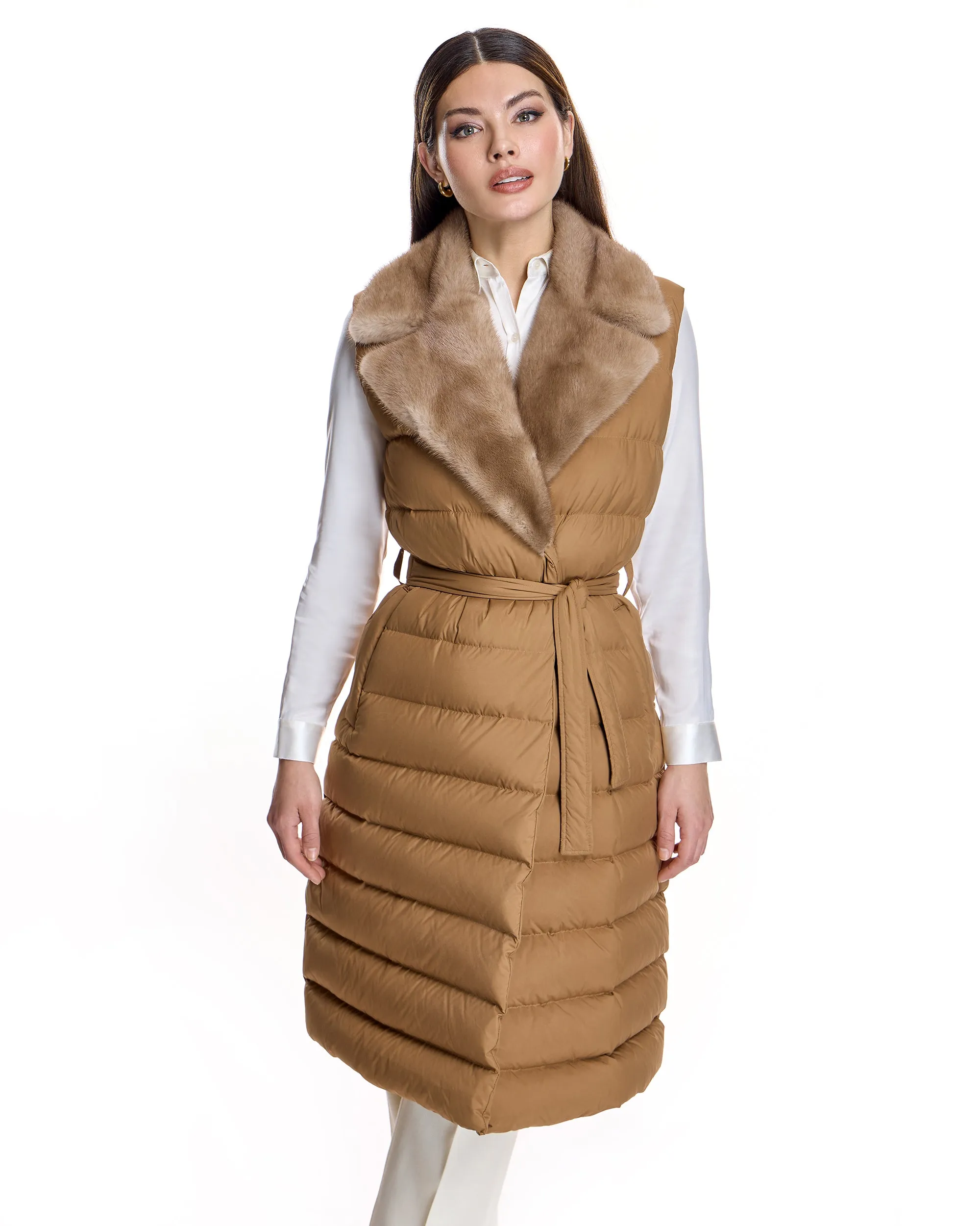 Belted Polyester Vest with Natural Mink Collar