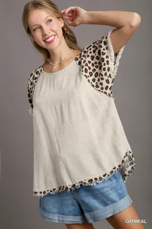 Berkley Linen Blend Animal Print Short Sleeve Top In Oatmeal