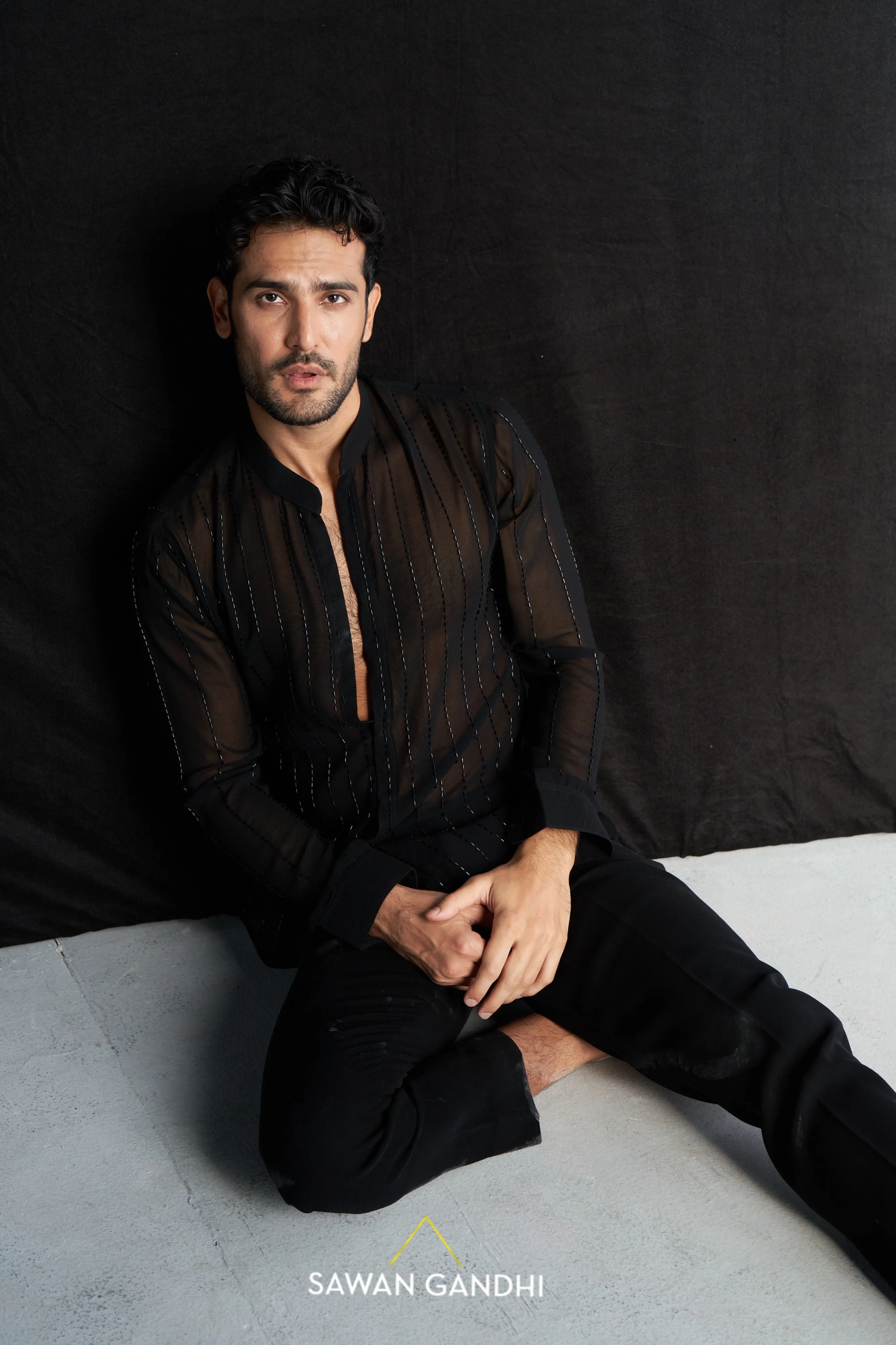 Black cutdana stripes shirt
