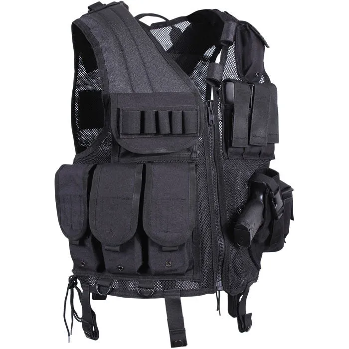 Black - Quick Draw Tactical Vest - Adjustable One Size - with Pouches & Holster