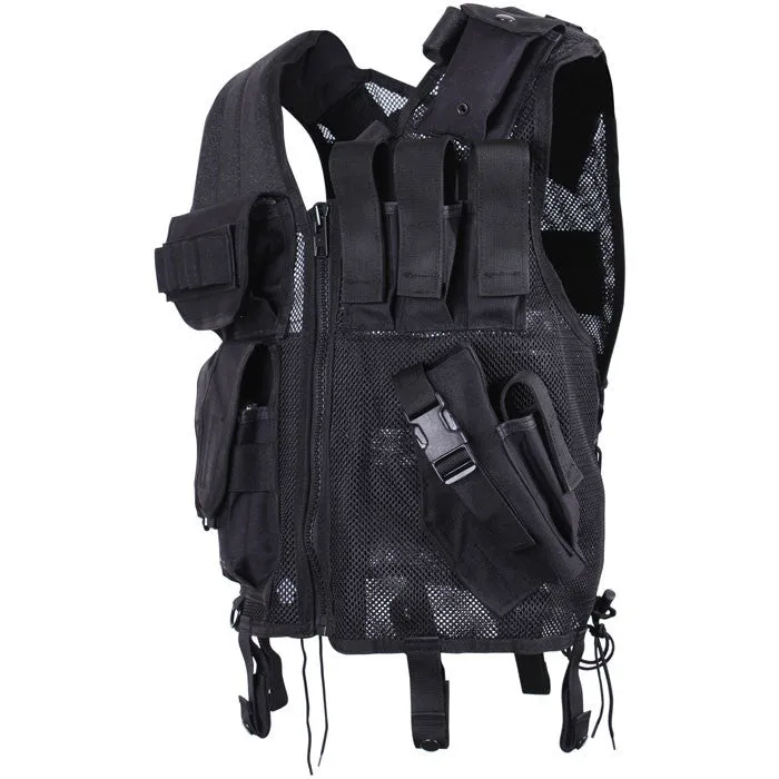 Black - Quick Draw Tactical Vest - Adjustable One Size - with Pouches & Holster