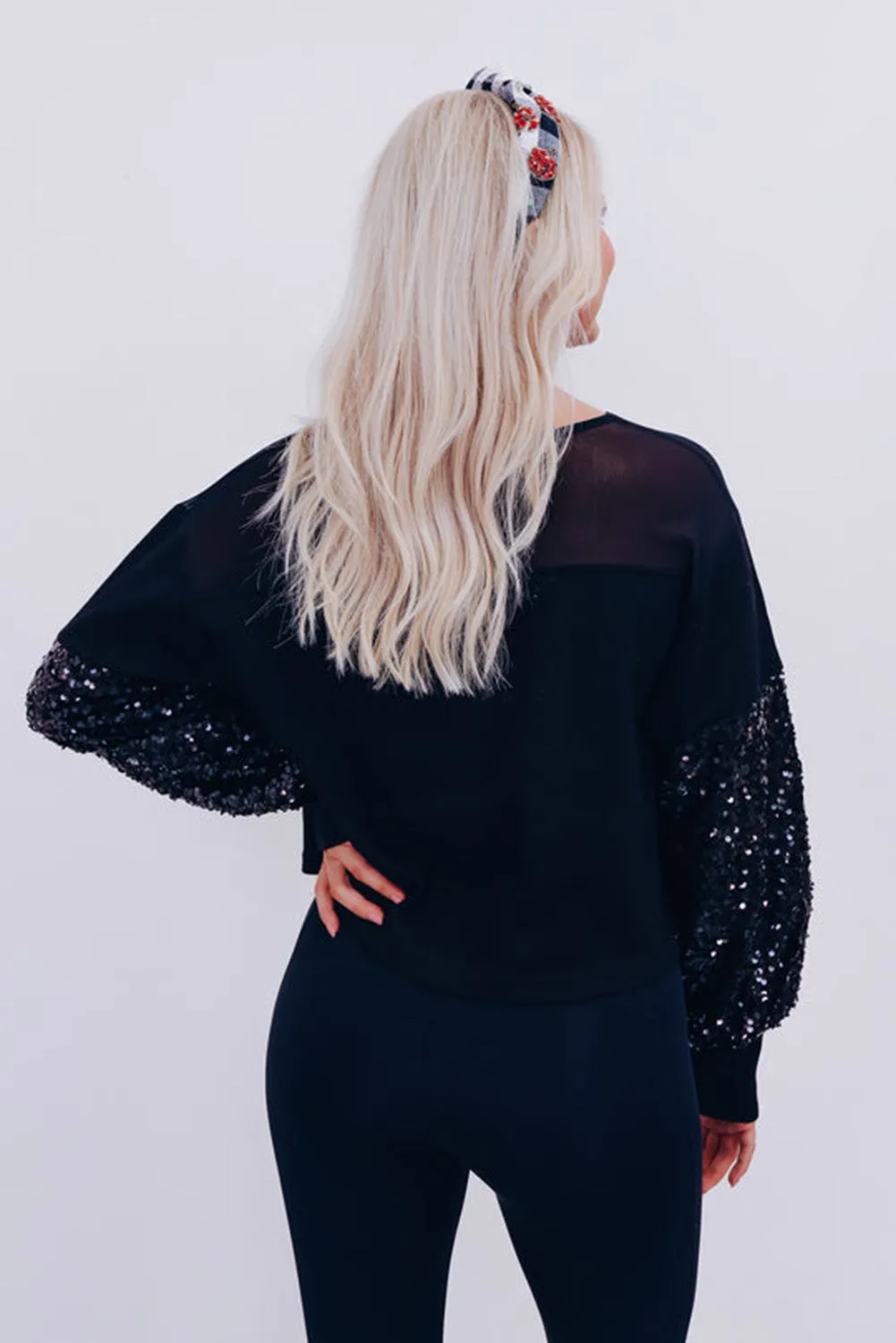 Black Sequin Patchwork Lantern Sleeve Blouse