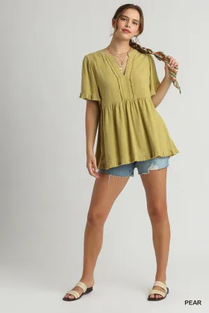 Brynn Linen V-Neck Pleated Top with Ruffle Sleeves in Pear