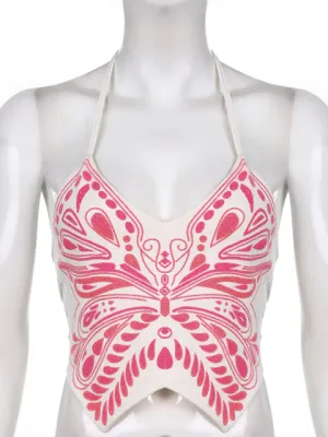 Butterfly Print Halter Camisole Corset Woman Backless Crop Top