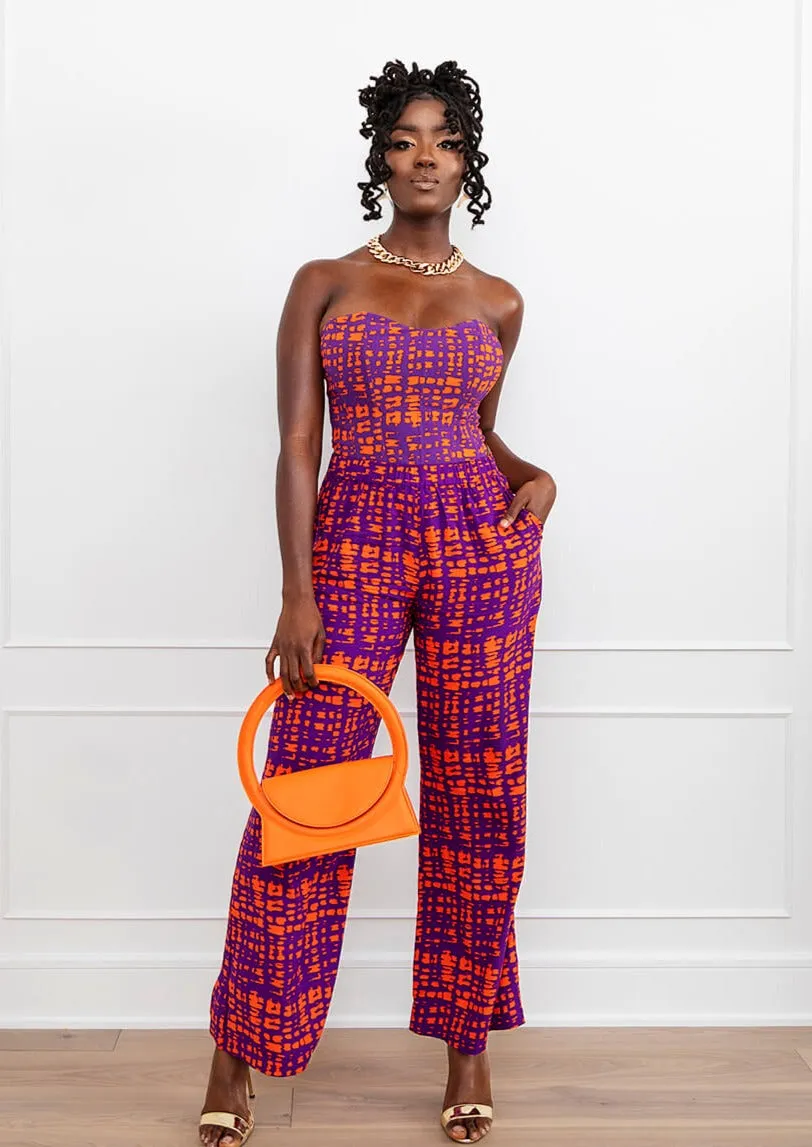 Caimile Women's African Print Stretch Corset Top (Purple Tangerine Adire)