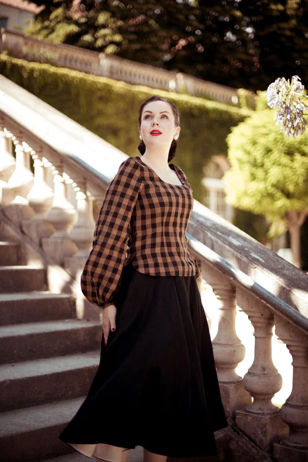 Carmen Top, Long Sleeve, Brown Checkers