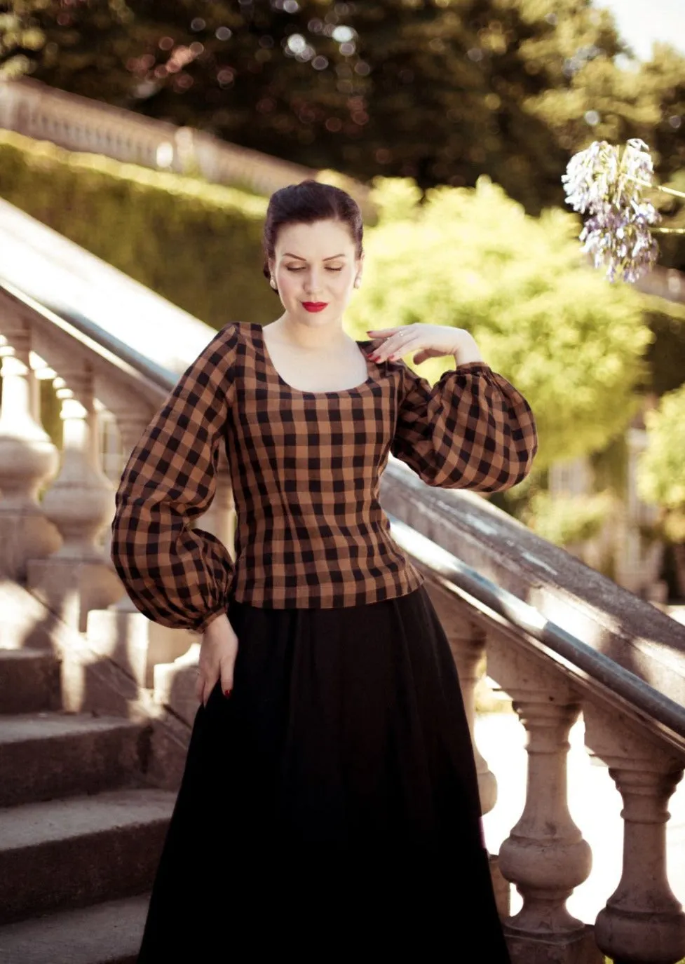 Carmen Top, Long Sleeve, Brown Checkers
