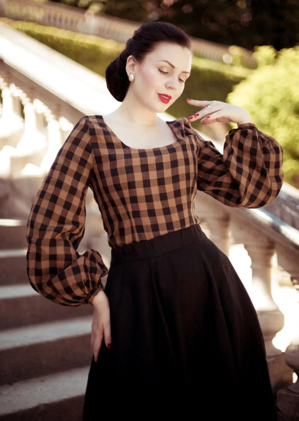 Carmen Top, Long Sleeve, Brown Checkers