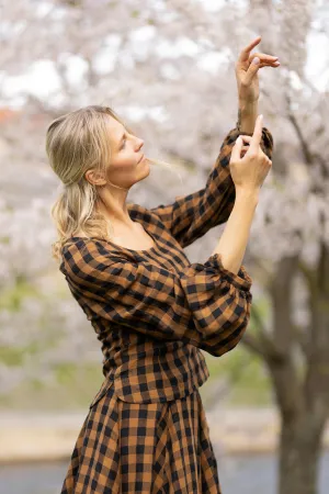 Carmen Top, Long Sleeve, Brown Checkers
