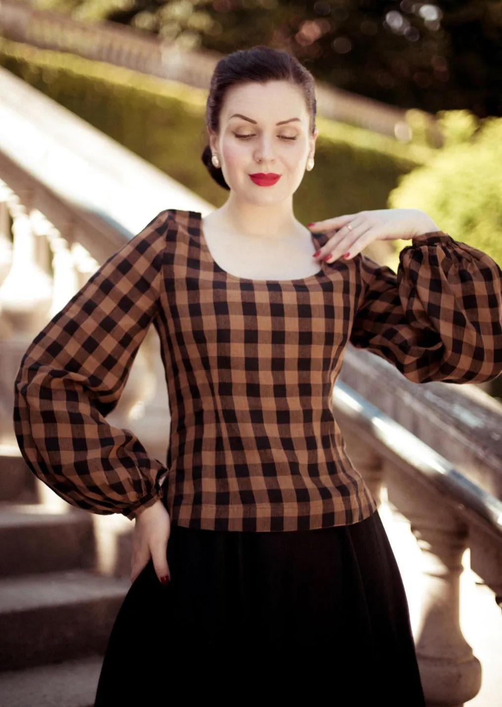Carmen Top, Long Sleeve, Brown Checkers