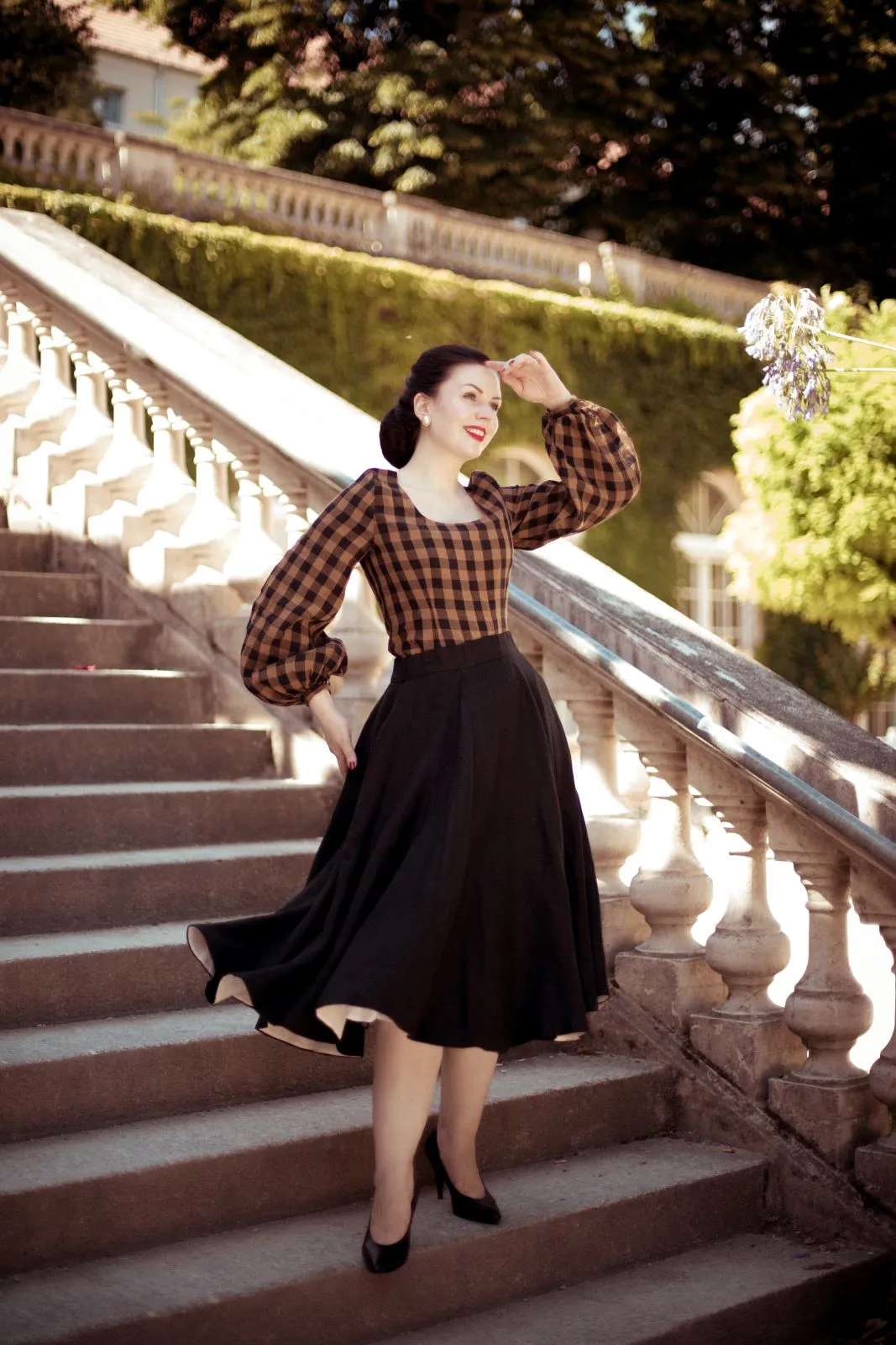 Carmen Top, Long Sleeve, Brown Checkers