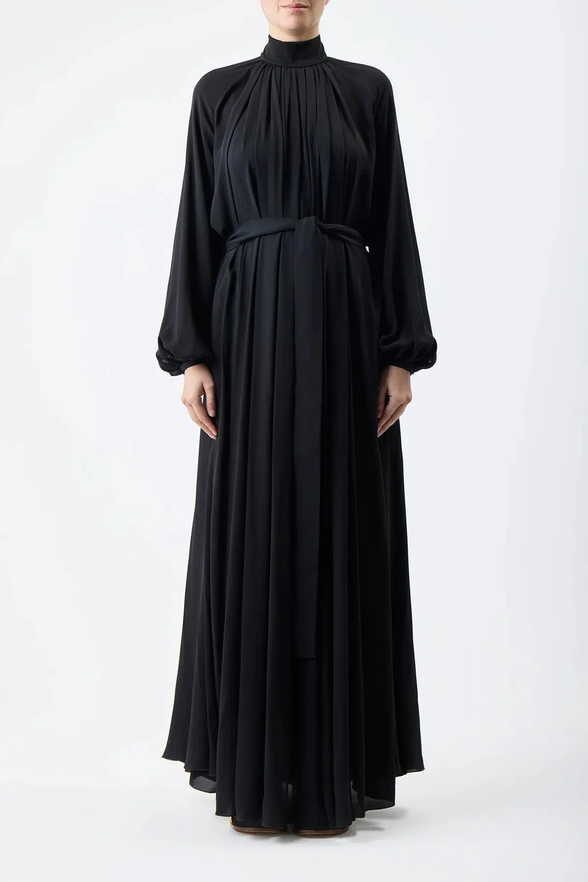 Cedric Pleated Dress in Black Silk Georgette Twill