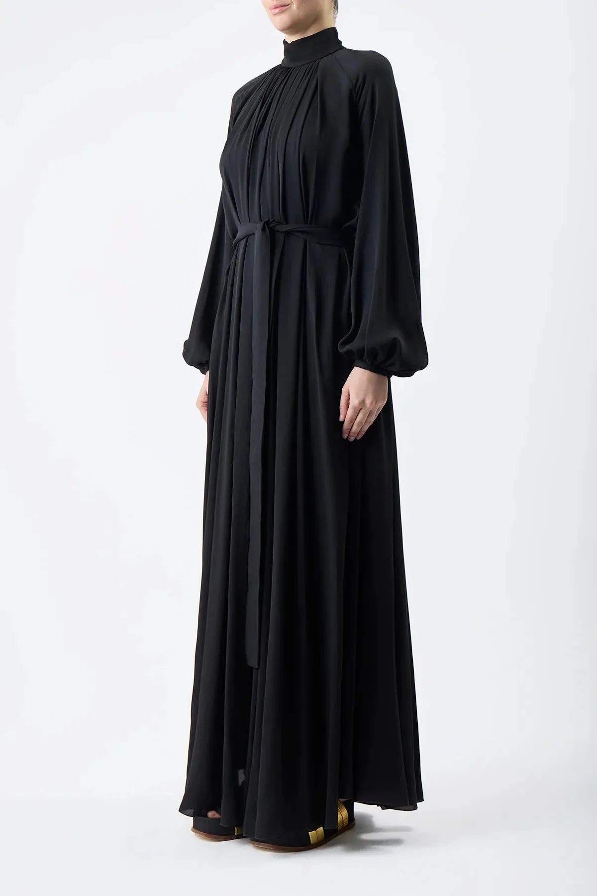 Cedric Pleated Dress in Black Silk Georgette Twill