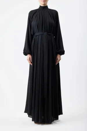 Cedric Pleated Dress in Black Silk Georgette Twill