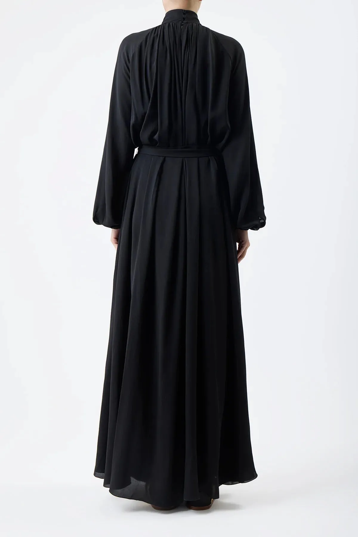 Cedric Pleated Dress in Black Silk Georgette Twill