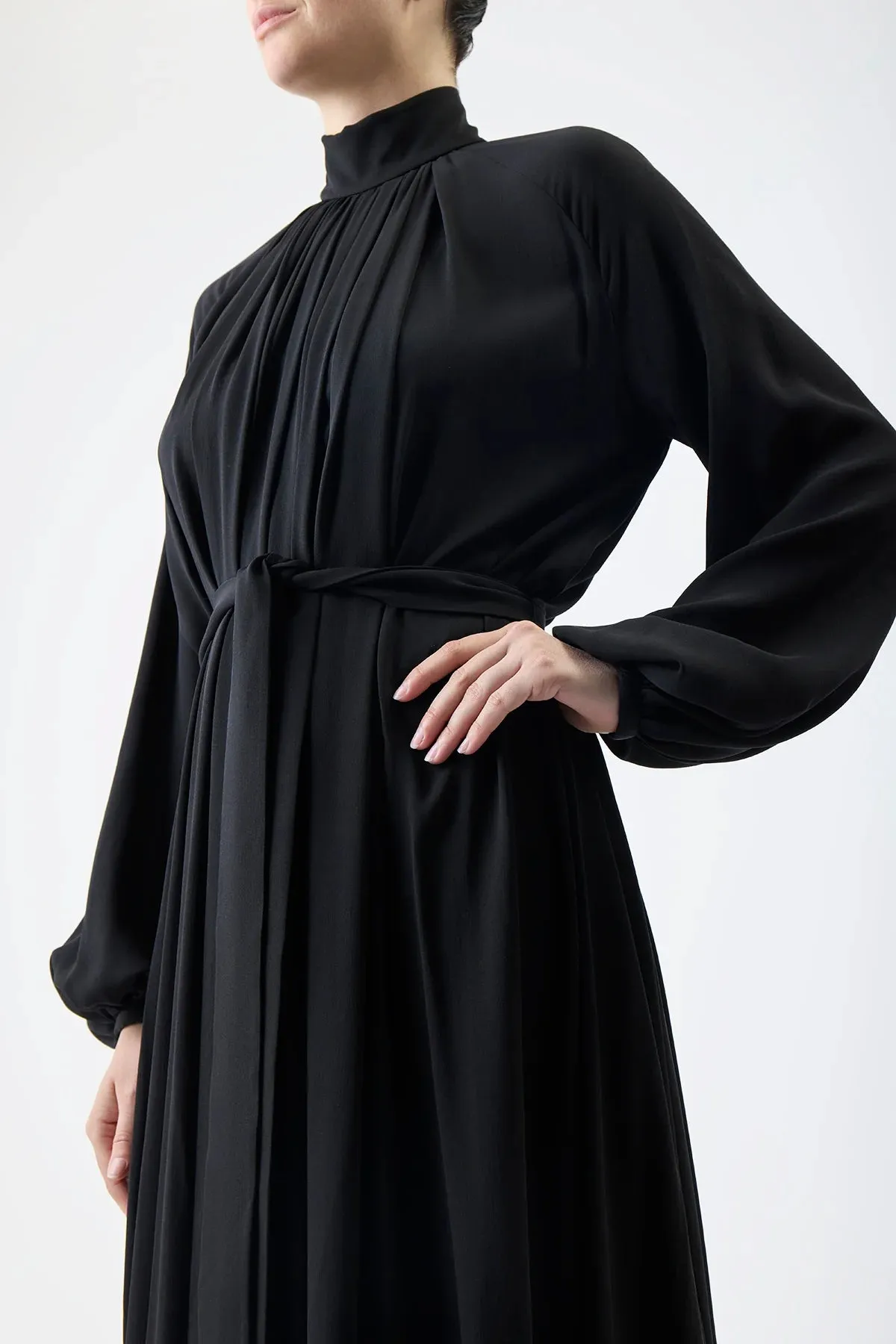 Cedric Pleated Dress in Black Silk Georgette Twill