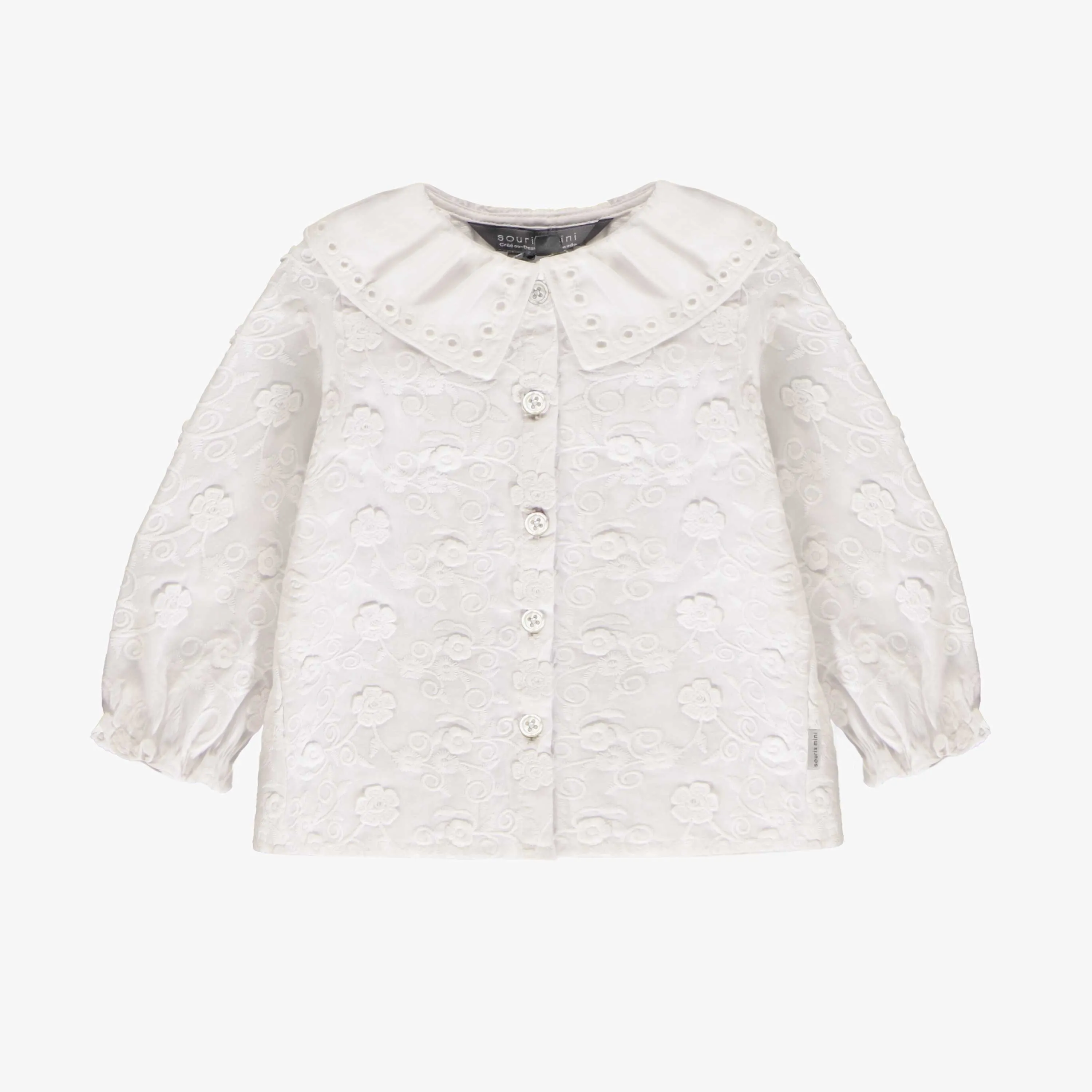 Chemise blanche à manches longues en voile de coton avec broderies, bébé || Long-sleeved white shirt in cotton veil with embroideries, baby