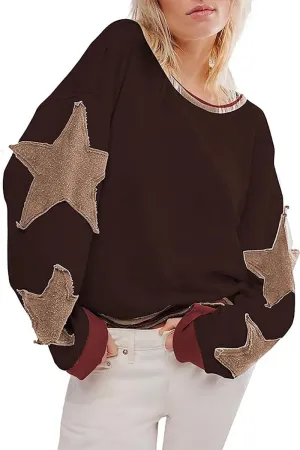 Chouyatou Oversized Sweatshirt for Women Star Patches Crew Neck Long Sleeve Shirts Hoodies Fashion Y2K Tops