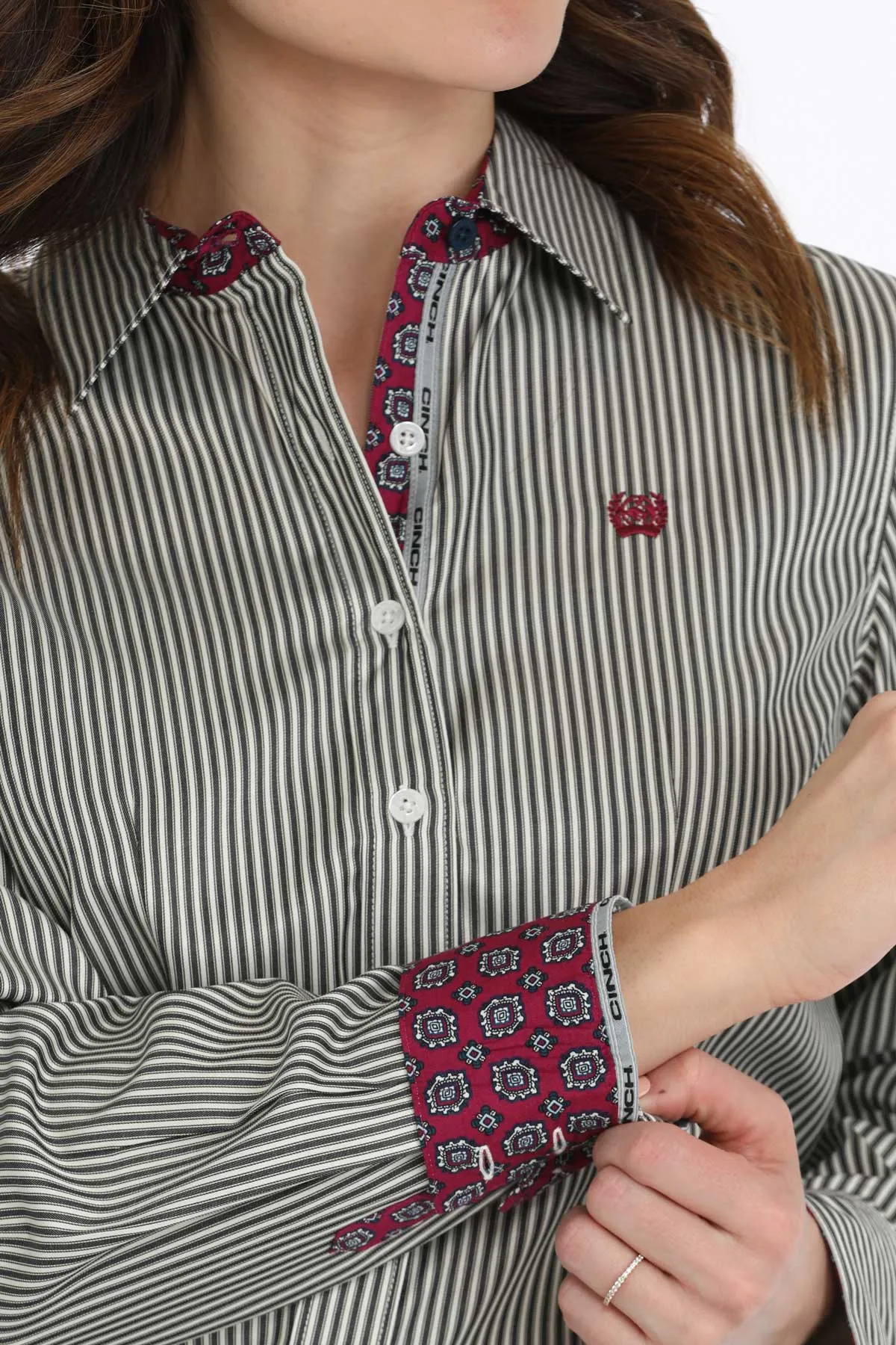 Cinch Women's TENCEL Black/White Pinstripe Button-Down Blouse