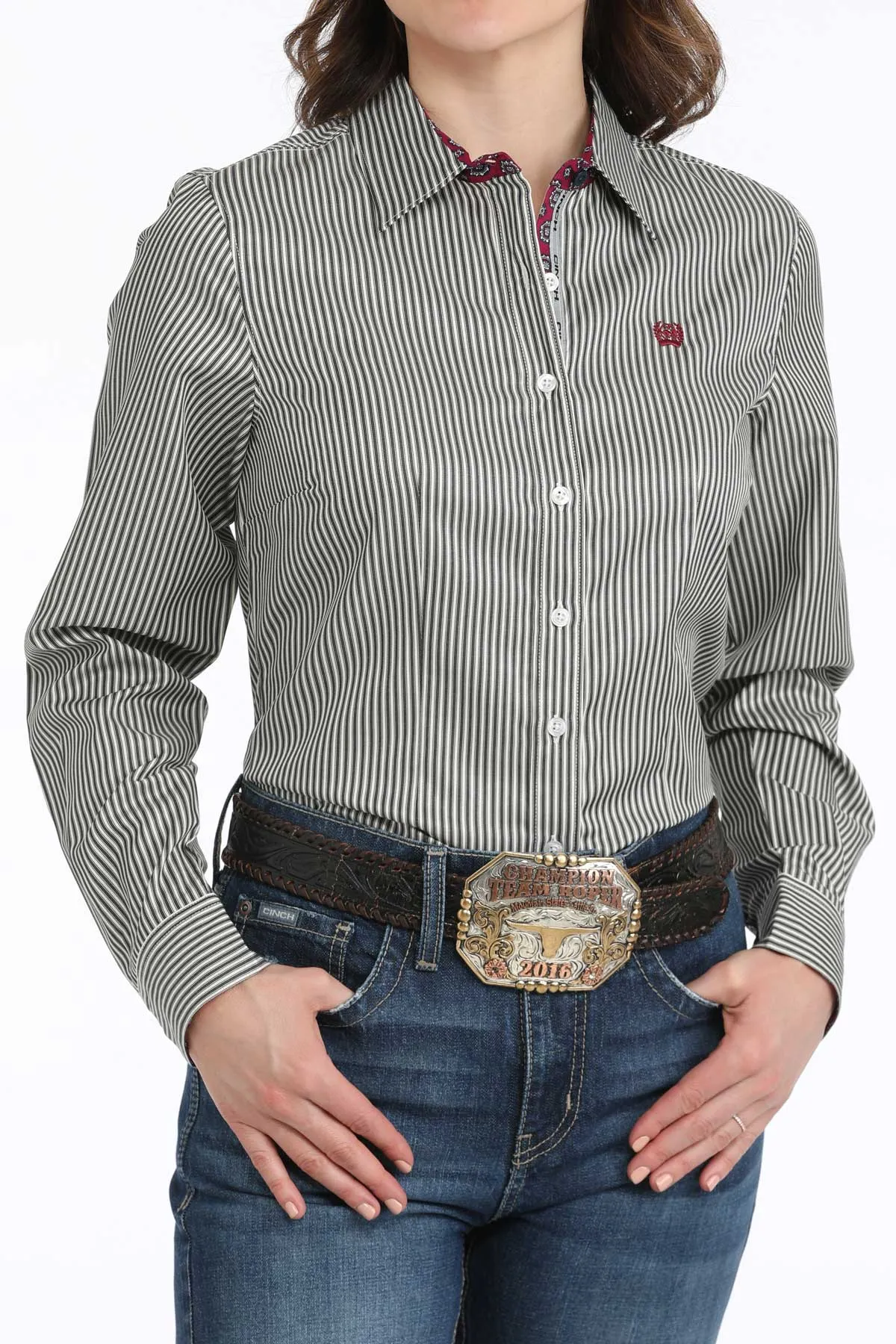 Cinch Women's TENCEL Black/White Pinstripe Button-Down Blouse