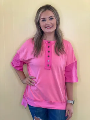 Contrast Pink Patchwork Half Button T Shirt