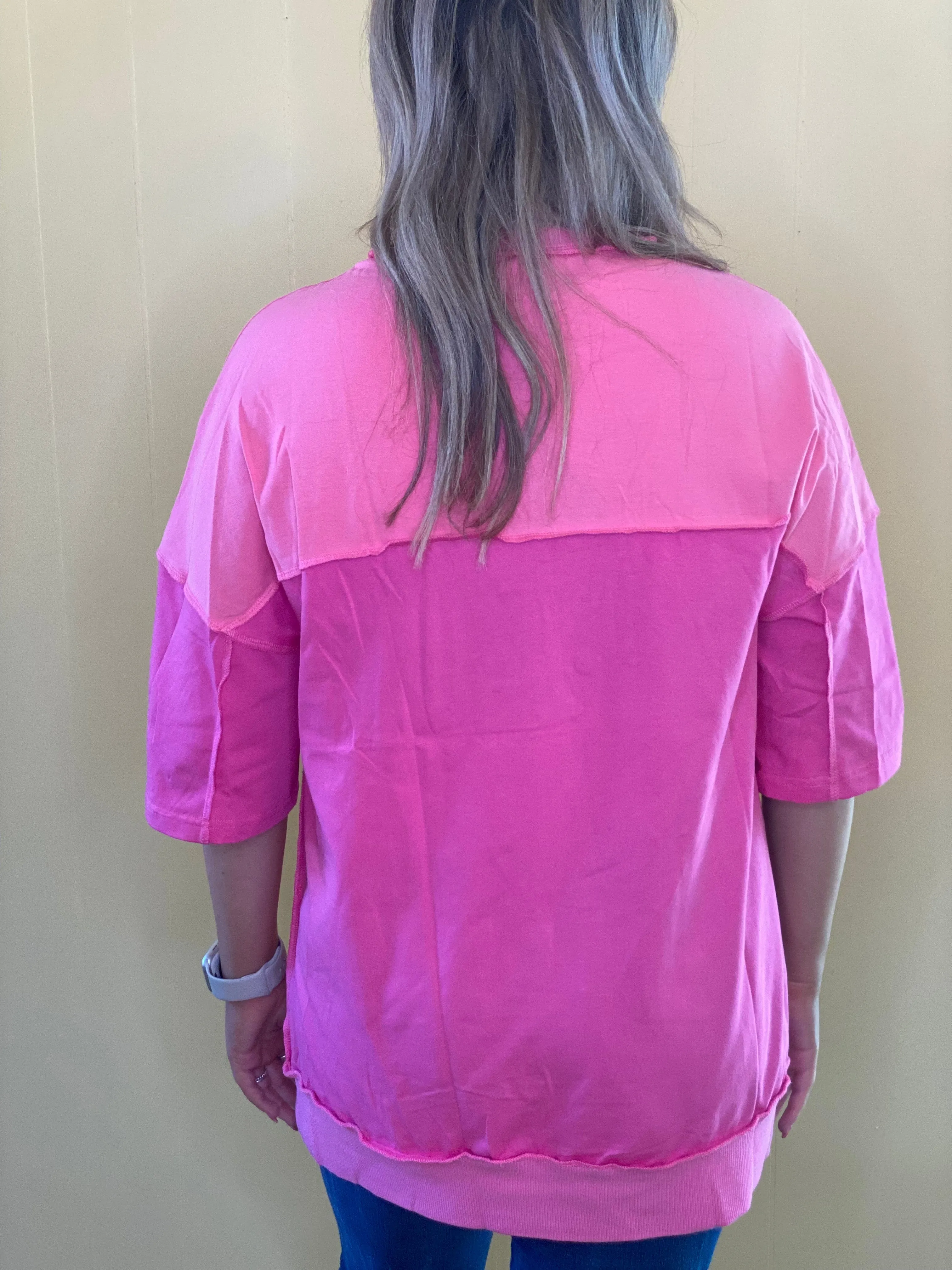 Contrast Pink Patchwork Half Button T Shirt