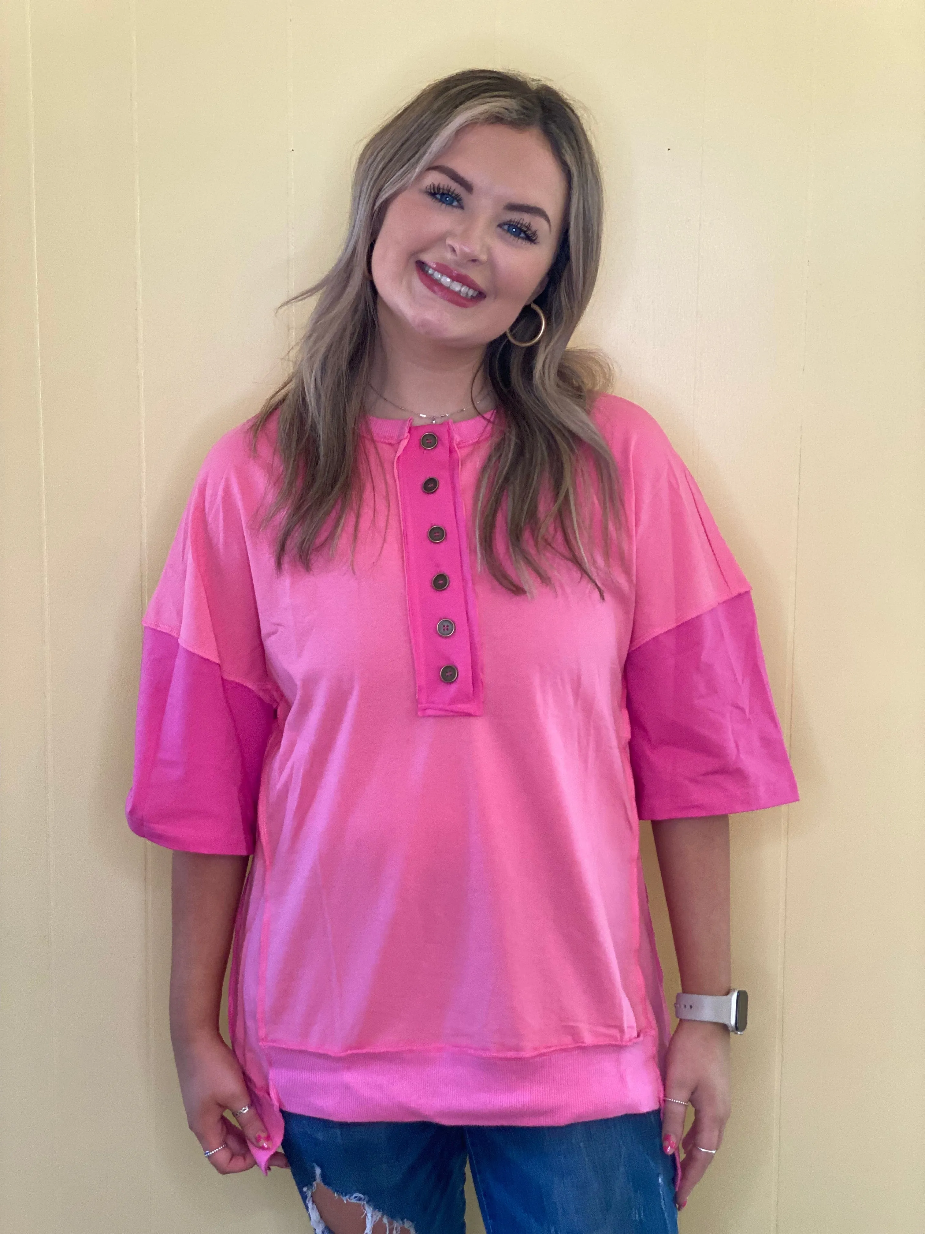 Contrast Pink Patchwork Half Button T Shirt