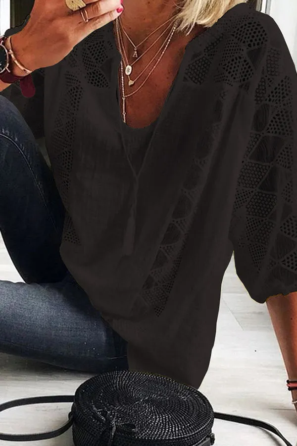Cotton Linen Blend Patchwork Hollow Out Tassel Blouse