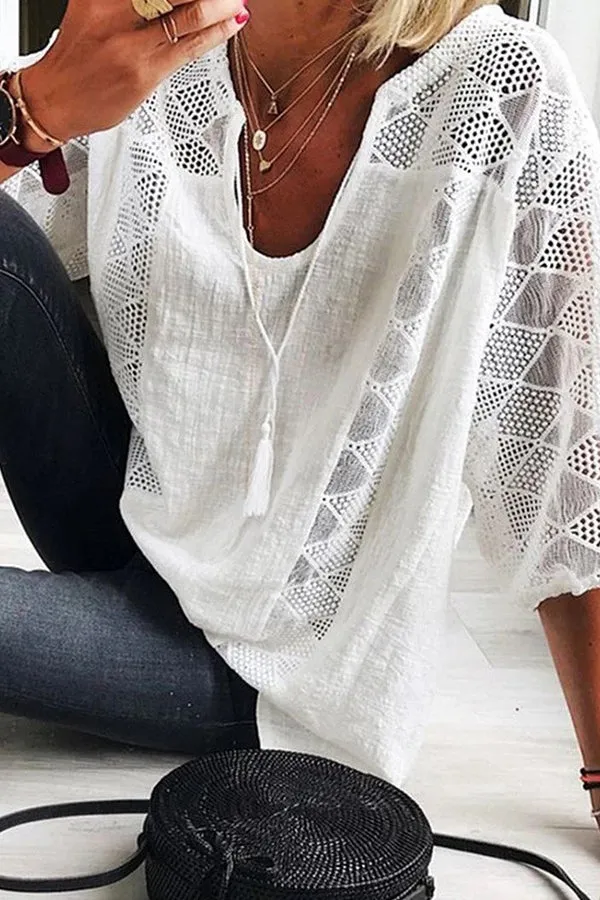 Cotton Linen Blend Patchwork Hollow Out Tassel Blouse