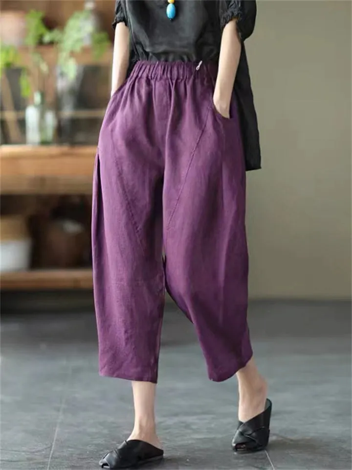 Cotton Linen Elastic Waist Solid Patchwork Women's Pants